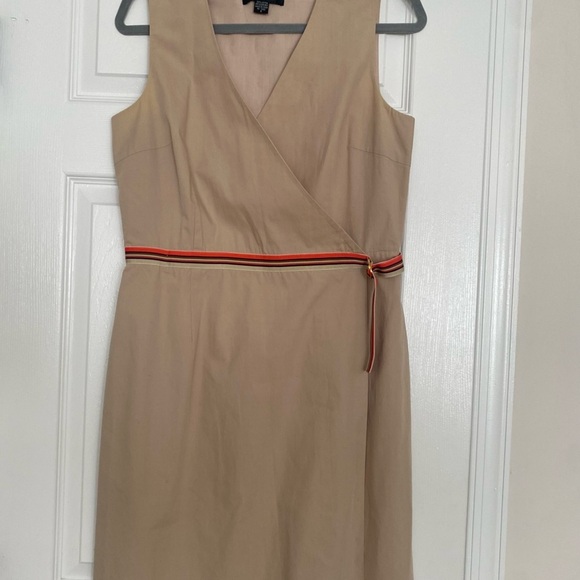 Spenser Jeremy Khaki Tan Cotton Wrap Knee Length Dress Orange Stripe Ribbon Sz 8 - Picture 1 of 7